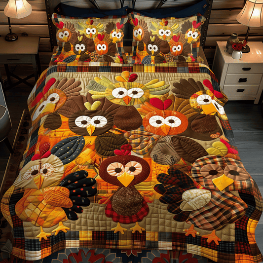 Turkey Family 3-Piece Quilted Bedding Set - Single (59" x 70")