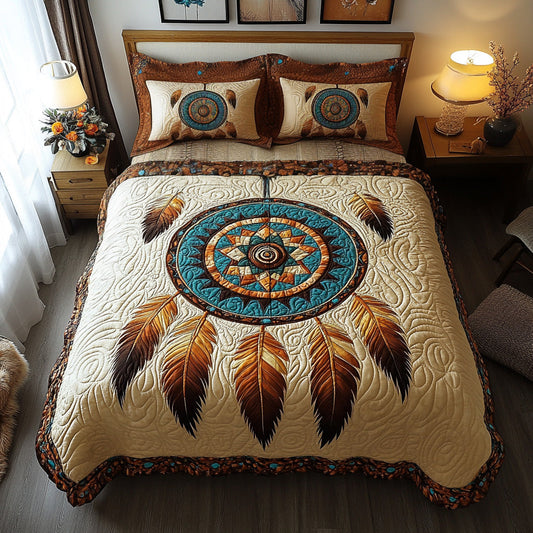 Turquoise Feather Circle 3-Piece Quilted Bedding Set - Single (59" x 70")