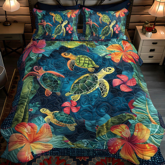 Single (59'' x 70'') /Hibiscus Turtle 3-Piece Quilted Bedding Set