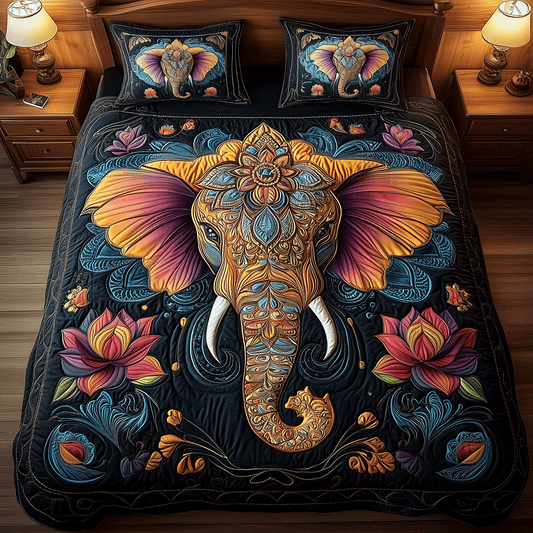 Vibrant Elephant Elegance 3-Piece Quilted Bedding Set - Single (59" x 70")