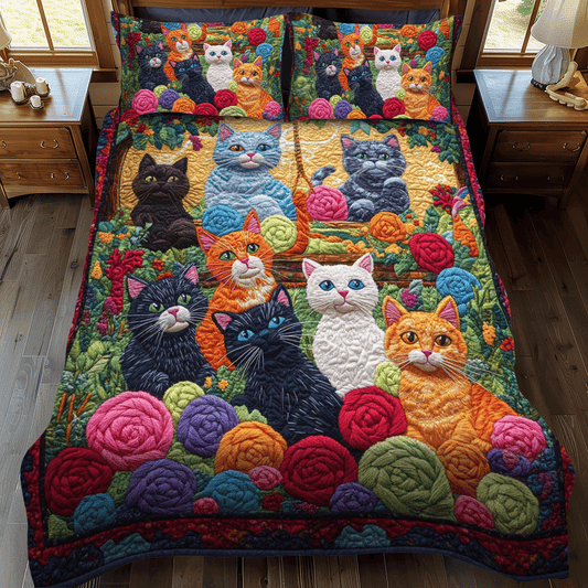 Vibrant Cats And Yarn 3-Piece Quilted Bedding Set - Single (59" x 70")
