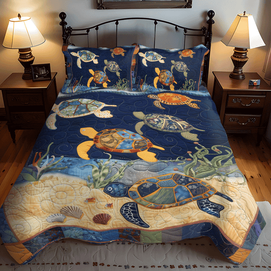 Vibrant Turtle Night 3-Piece Quilted Bedding Set - Single (59" x 70")