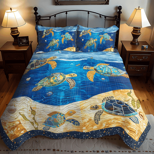 Vibrant Turtle Voyage 3-Piece Quilted Bedding Set - Single (59" x 70")