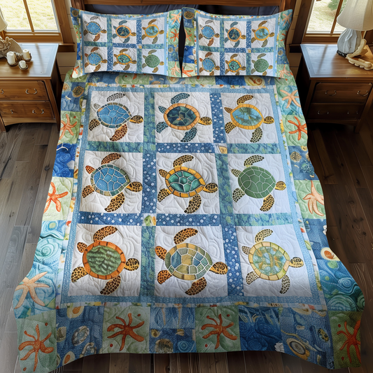 Vibrant Turtles 3-Piece Quilted Bedding Set - Single (59" x 70")