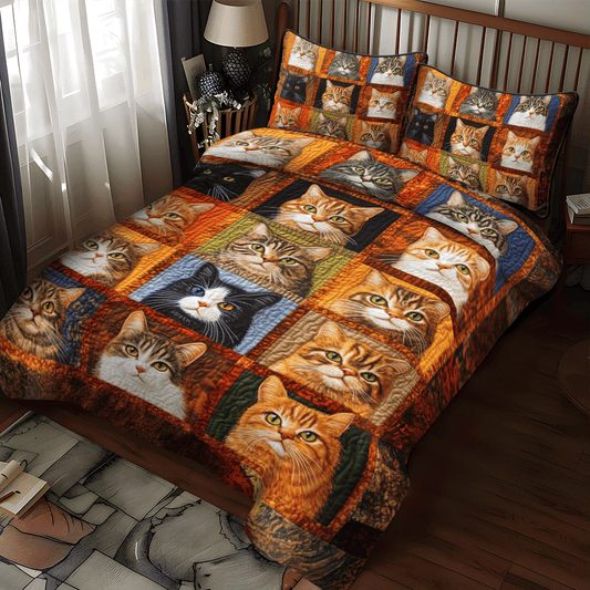 Whimsical Cat Patterned 3-Piece Quilted Bedding Set - Single (59" x 70")