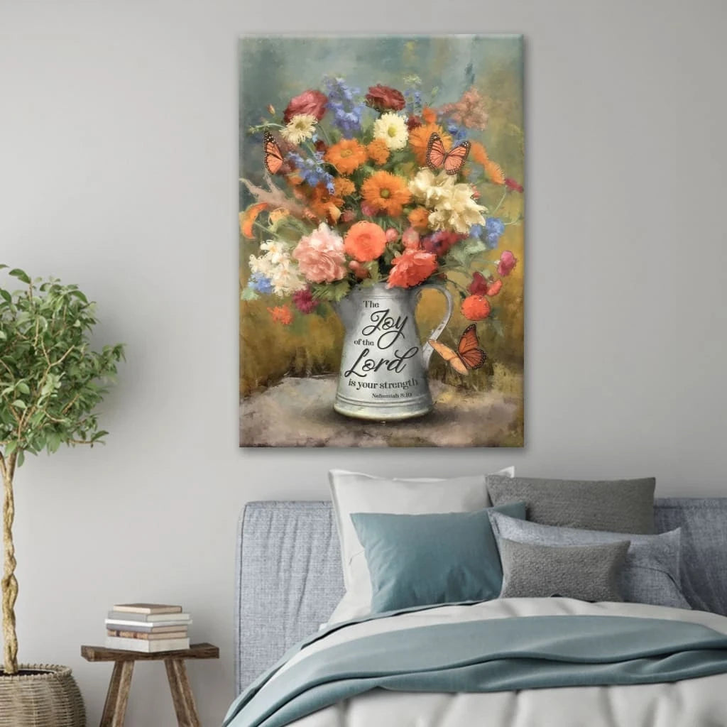 the joy of the lord is your strength nehemiah 8 10 flowers butterfly wall art canvas (view 2)