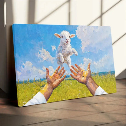 a lamb jumps into jesus arms christian wall art canvas (Landscape)