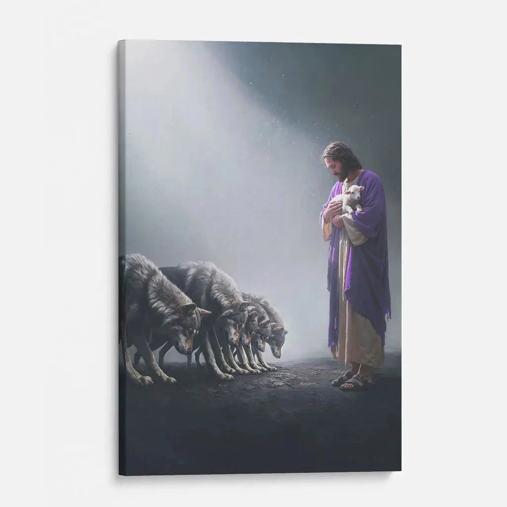jesus holds a lamb as wolves bow down christian wall art canvas (view 5)