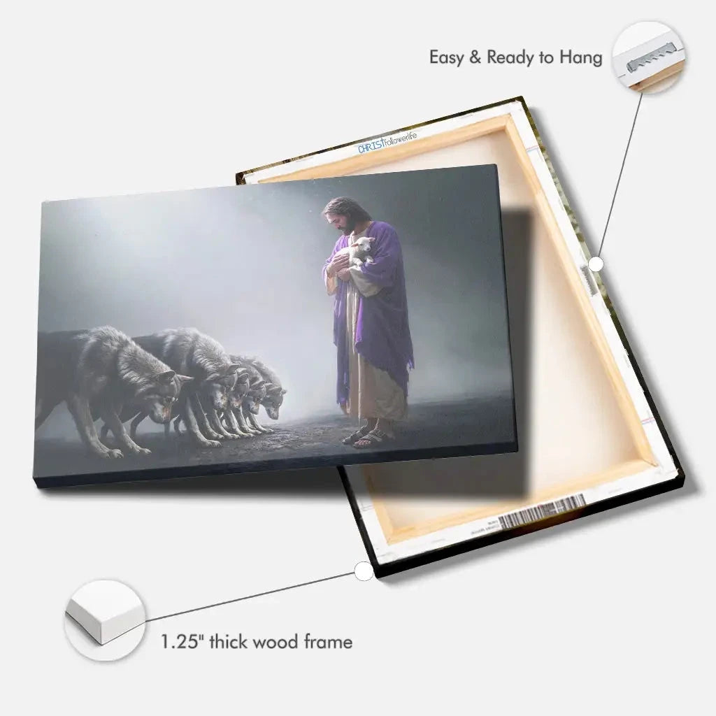 jesus holds a lamb as wolves bow down christian wall art canvas (view 6)