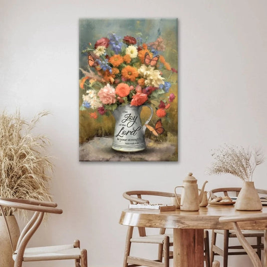 the joy of the lord is your strength nehemiah 8 10 flowers butterfly wall art canvas