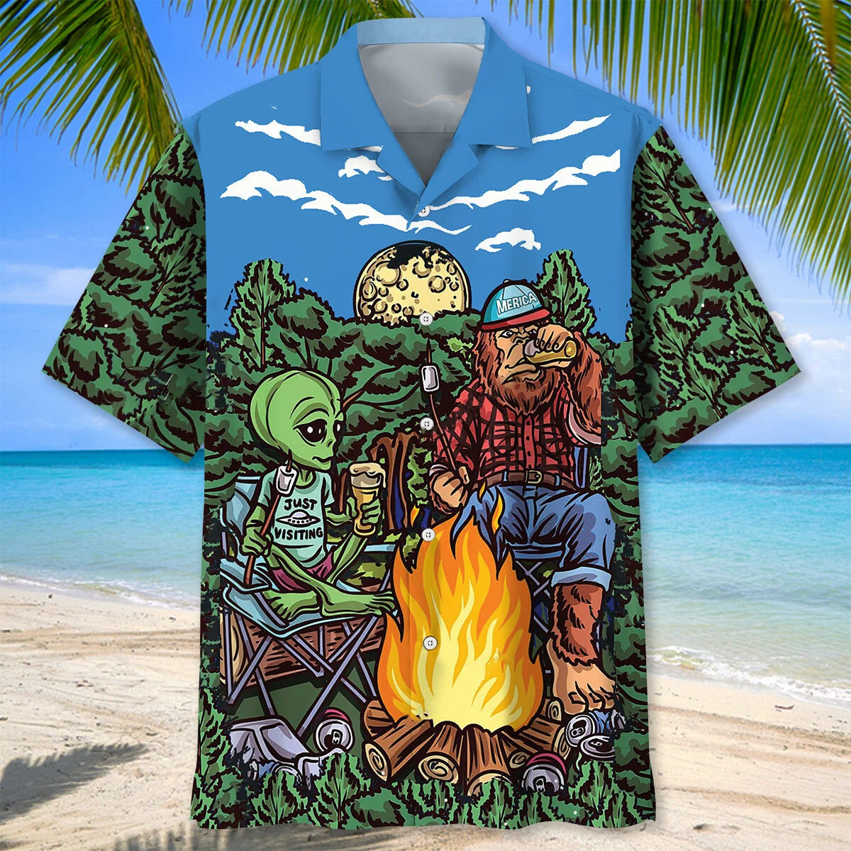 Alien Bigfoot Campfire Night Hawaiian Shirt - S - hawaiian shirt