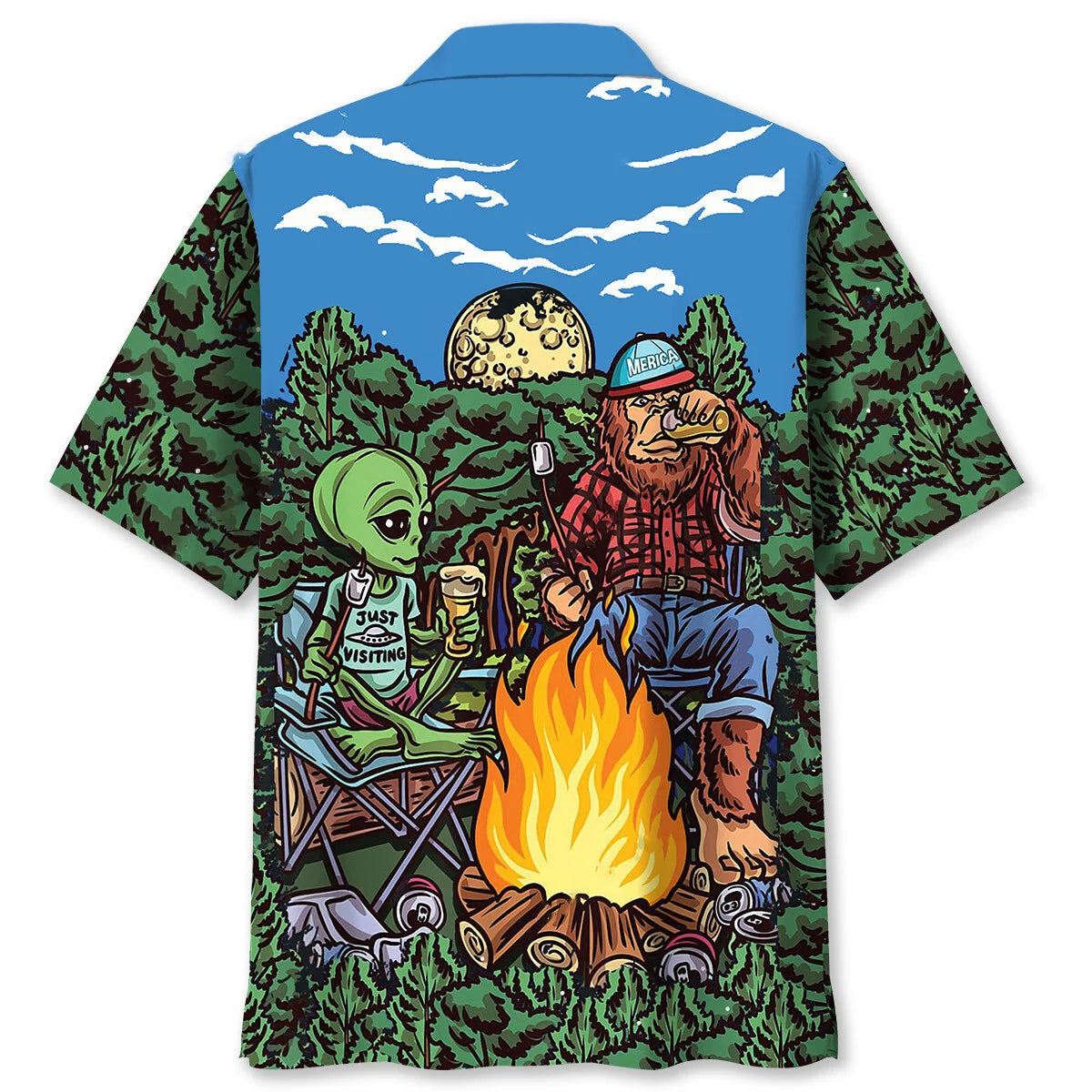 Alien Bigfoot Campfire Night Hawaiian Shirt - M - hawaiian shirt
