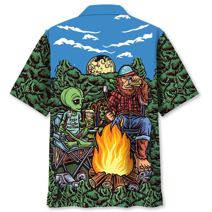 Alien Bigfoot Campfire Night Hawaiian Shirt - M - hawaiian shirt
