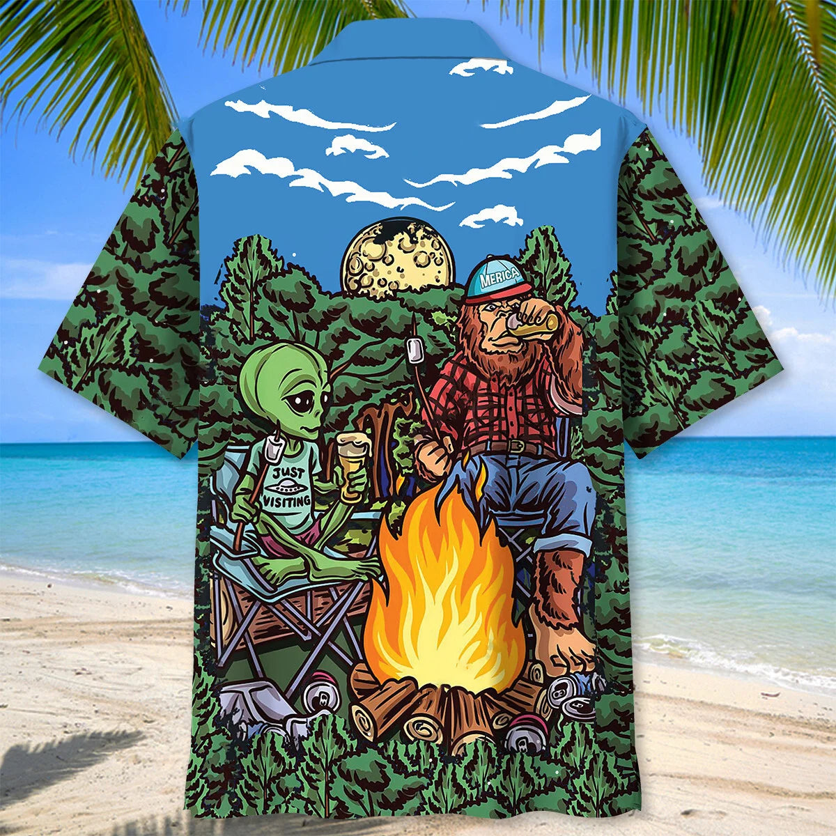 Alien Bigfoot Campfire Night Hawaiian Shirt - L - hawaiian shirt