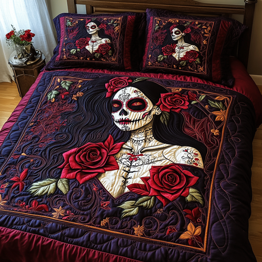 Skull And Blooms 3-Piece Quilted Bedding Set - Single (59" x 70")