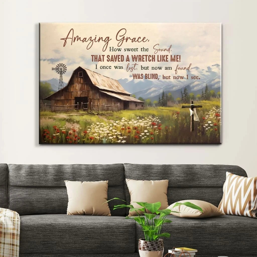 amazing grace how sweet the sound wall art old barn with flowers christian canvas art (Landscape)