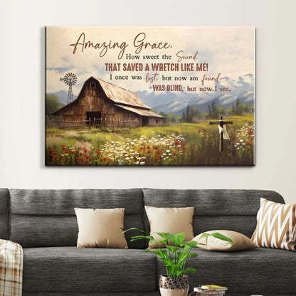 amazing grace how sweet the sound wall art old barn with flowers christian canvas art (Landscape)