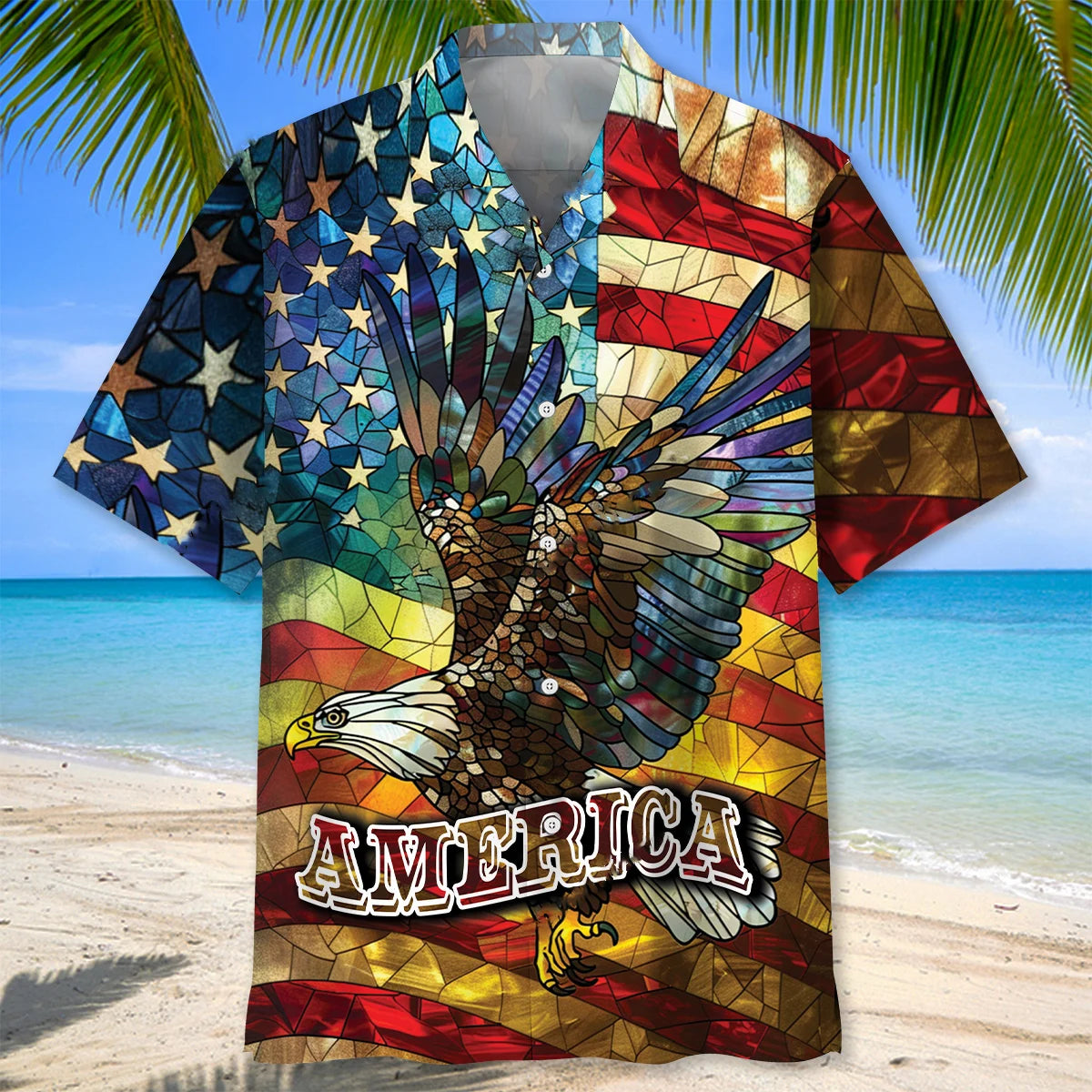 America Bald Eagle 4th of July Stained Glass Art Hawaiian Shirt