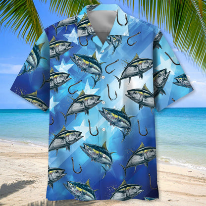 America Tuna Fish Blue Hawaiian Shirt - M - hawaiian shirt