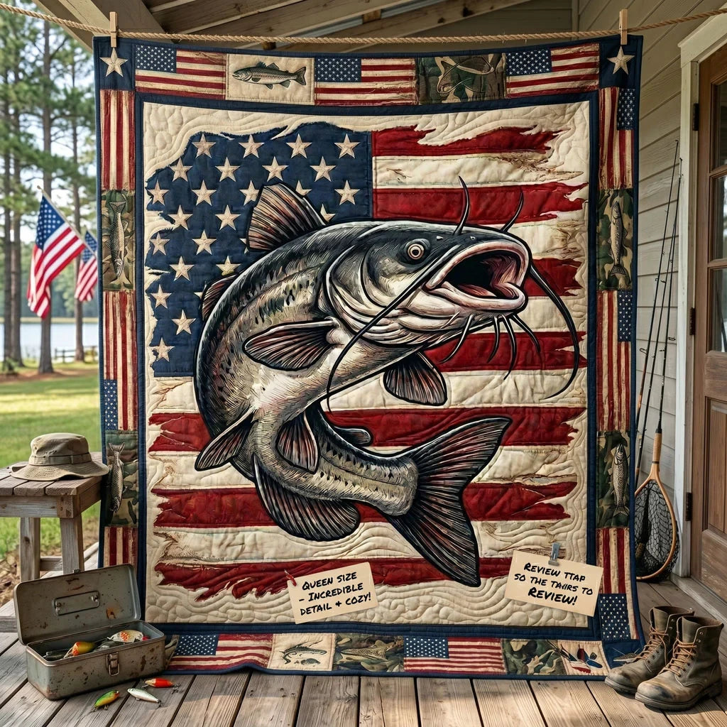 American Flag Catfish Fishing Quilt Blanket