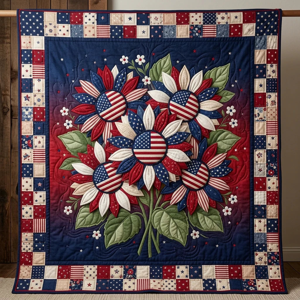 American Flag Sunflowers Quilt Blanket