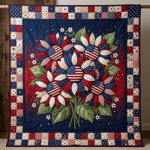 American Flag Sunflowers Quilt Blanket