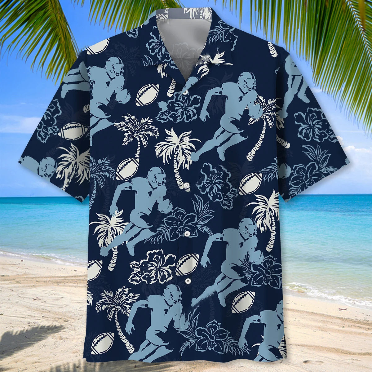 American Football Hibiscus Blue Hawaiian Shirt - M - hawaiian shirt