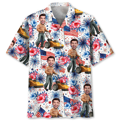 American Man Moving Lawn Mower Custom Face Hawaiian Shirt - M - hawaiian shirt