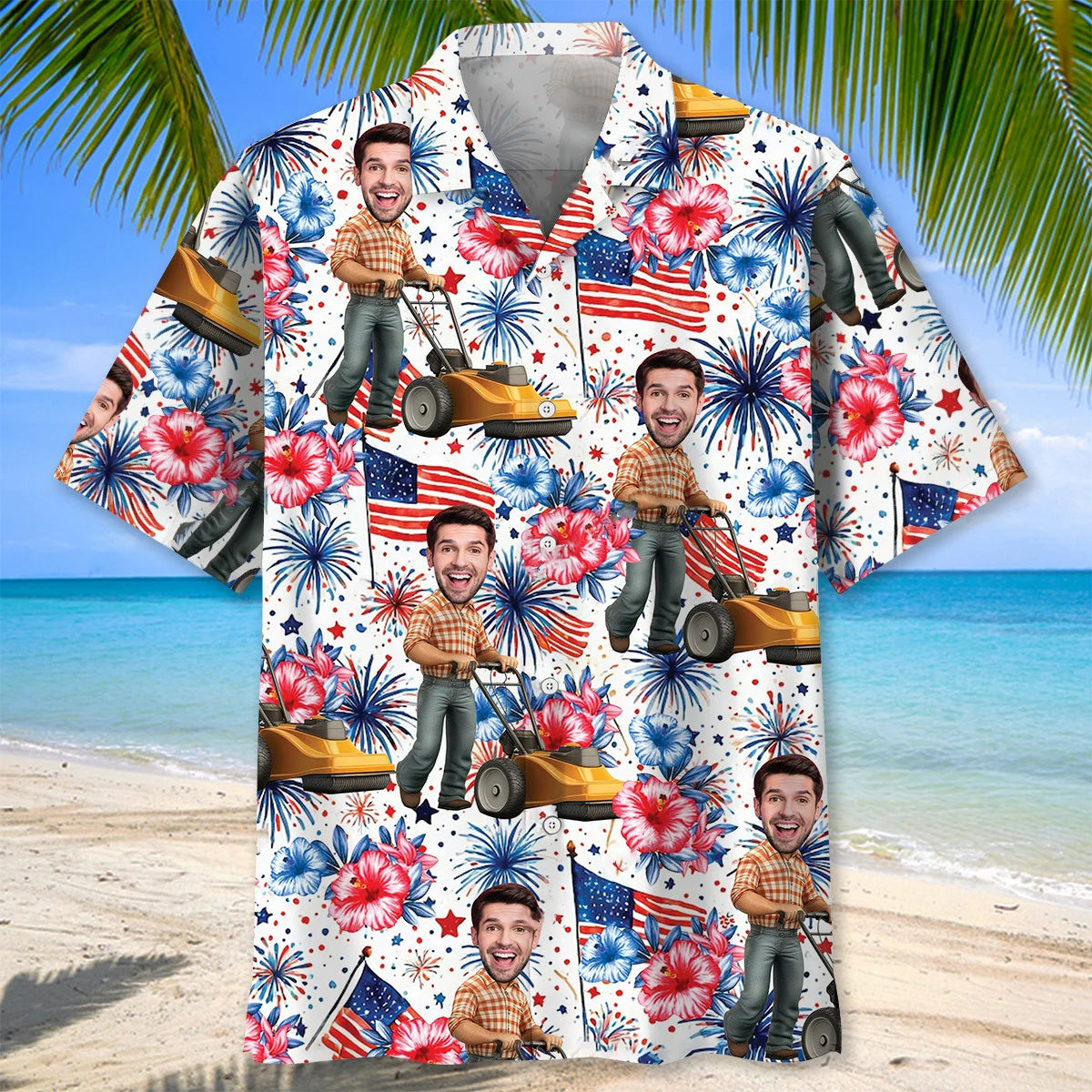 American Man Moving Lawn Mower Custom Face Hawaiian Shirt - L - hawaiian shirt