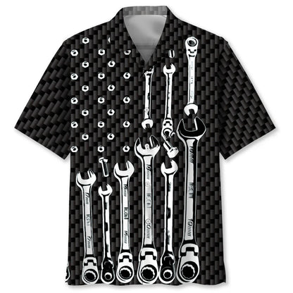 American Mechanic Black and White Hawaiian Shirt - S - hawaiian shirt