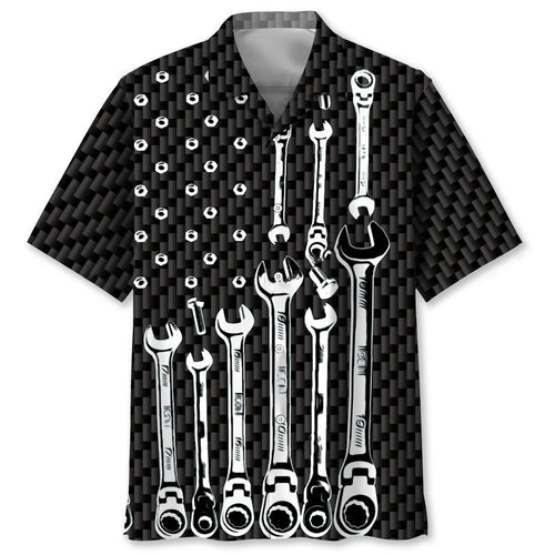 American Mechanic Black and White Hawaiian Shirt - S - hawaiian shirt