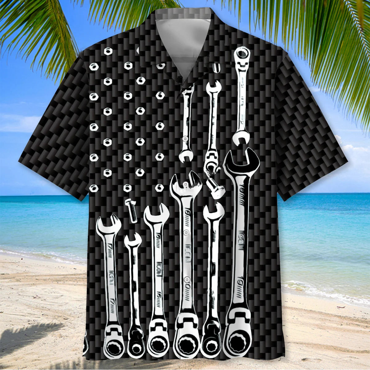 American Mechanic Black and White Hawaiian Shirt - M - hawaiian shirt
