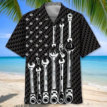 American Mechanic Black and White Hawaiian Shirt - M - hawaiian shirt