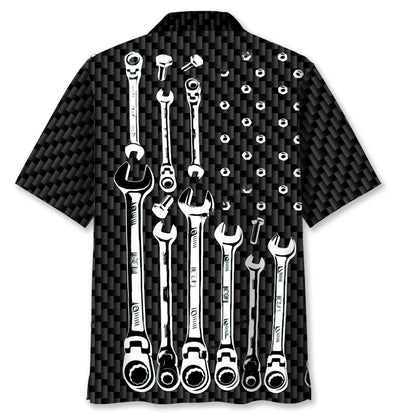 American Mechanic Black and White Hawaiian Shirt - L - hawaiian shirt