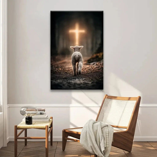 lamb walking toward the glowing cross christian wall art canvas