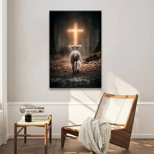 lamb walking toward the glowing cross christian wall art canvas