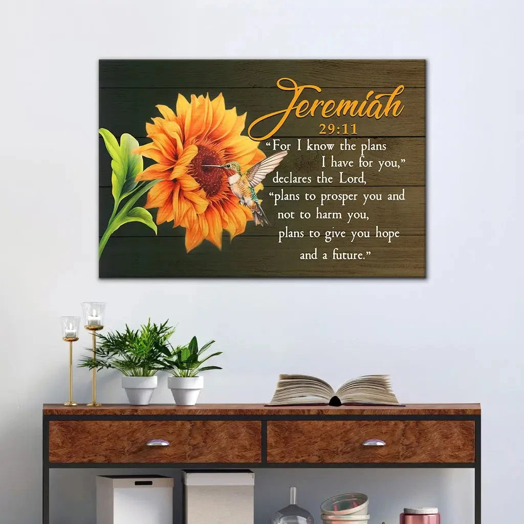 jeremiah 29 11 for i know the plans i have for you hummingbird sunflower wall art canvas (Landscape)