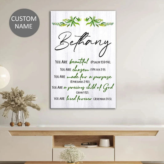 you are beautiful chosen made for a purpose personalized christian wall art canvas