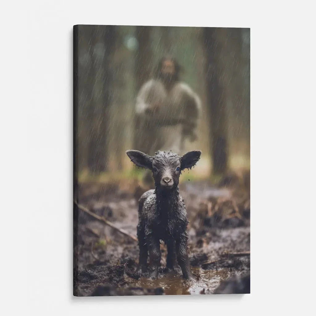 christian wall art jesus runs after his lost sheep in the rainy forest canvas
