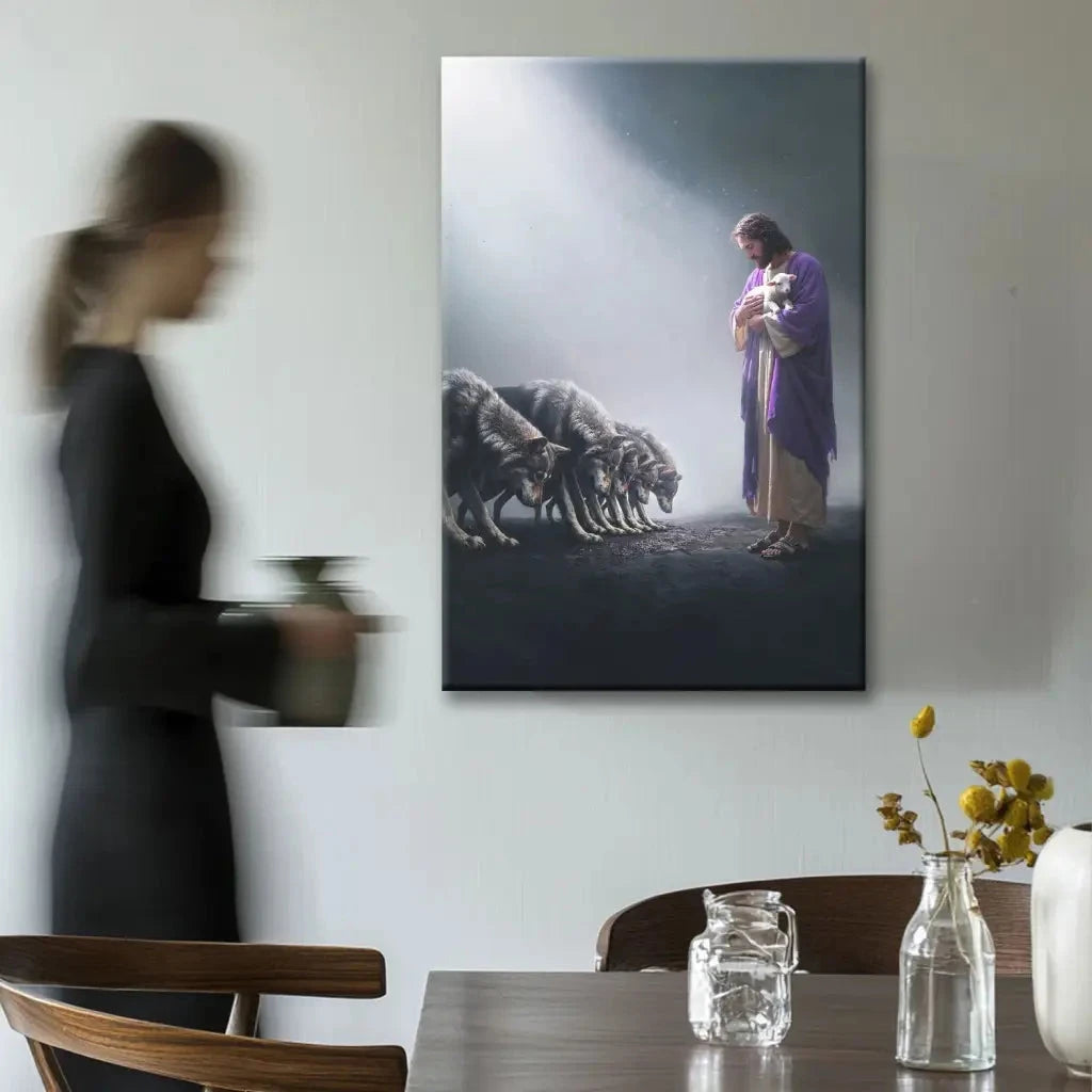 jesus holds a lamb as wolves bow down christian wall art canvas (view 2)