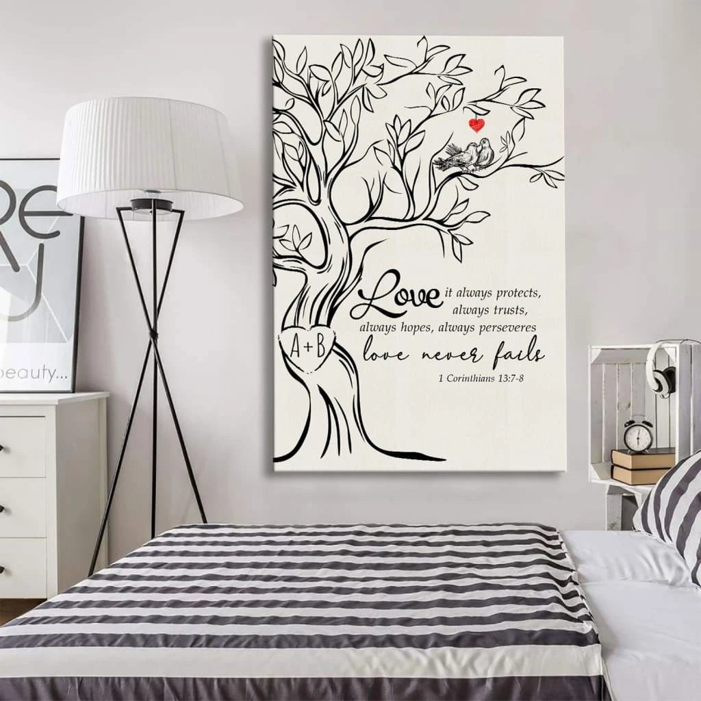 love never fails personalized initials carved in tree christian wall art canvas