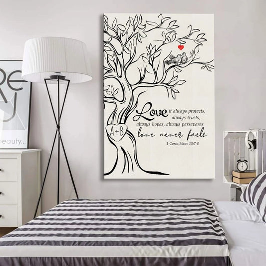 love never fails personalized initials carved in tree christian wall art canvas
