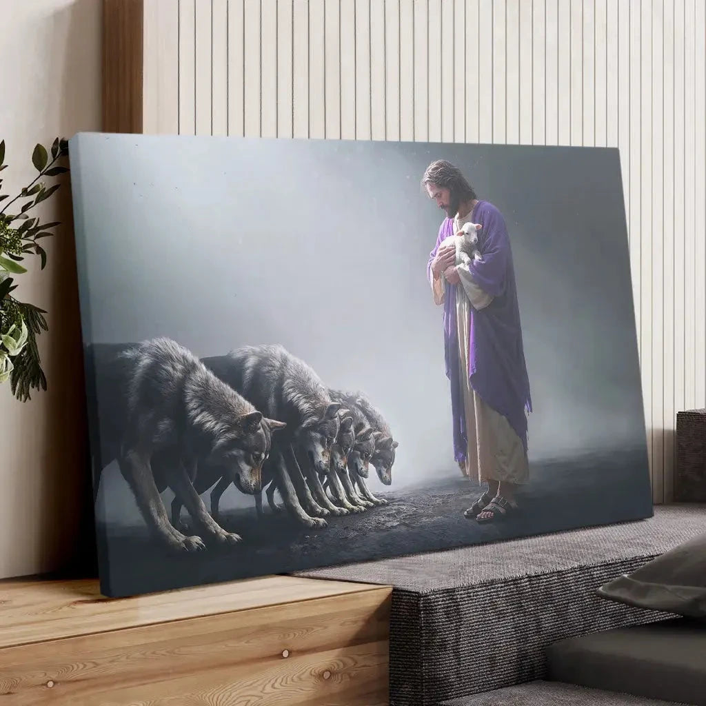 jesus holds a lamb as wolves bow down christian wall art canvas (view 4)