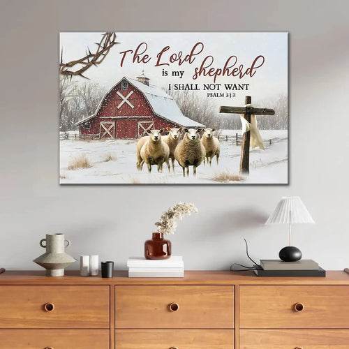 the lord is my shepherd psalm 23 1 red barn with sheep christmas wall art canvas (Landscape)