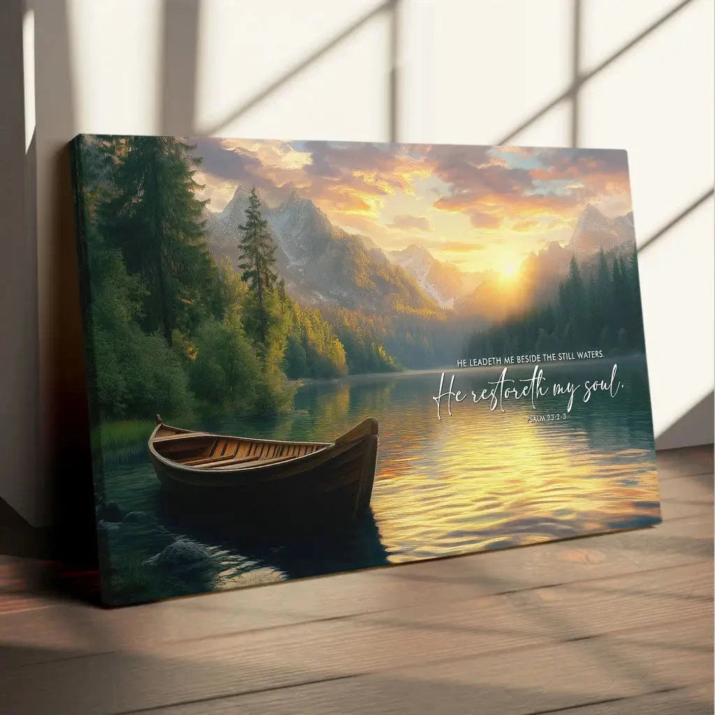 he leadeth me beside the still waters psalm 23 2 3 bible verse wall art canvas (Landscape) (view 2)