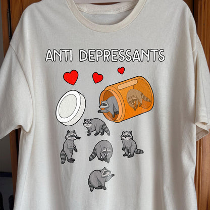 Anti Depressants Raccoon Shirt – Soft Dark Humor Mental Health Art, funny meme tee gift (view 2)