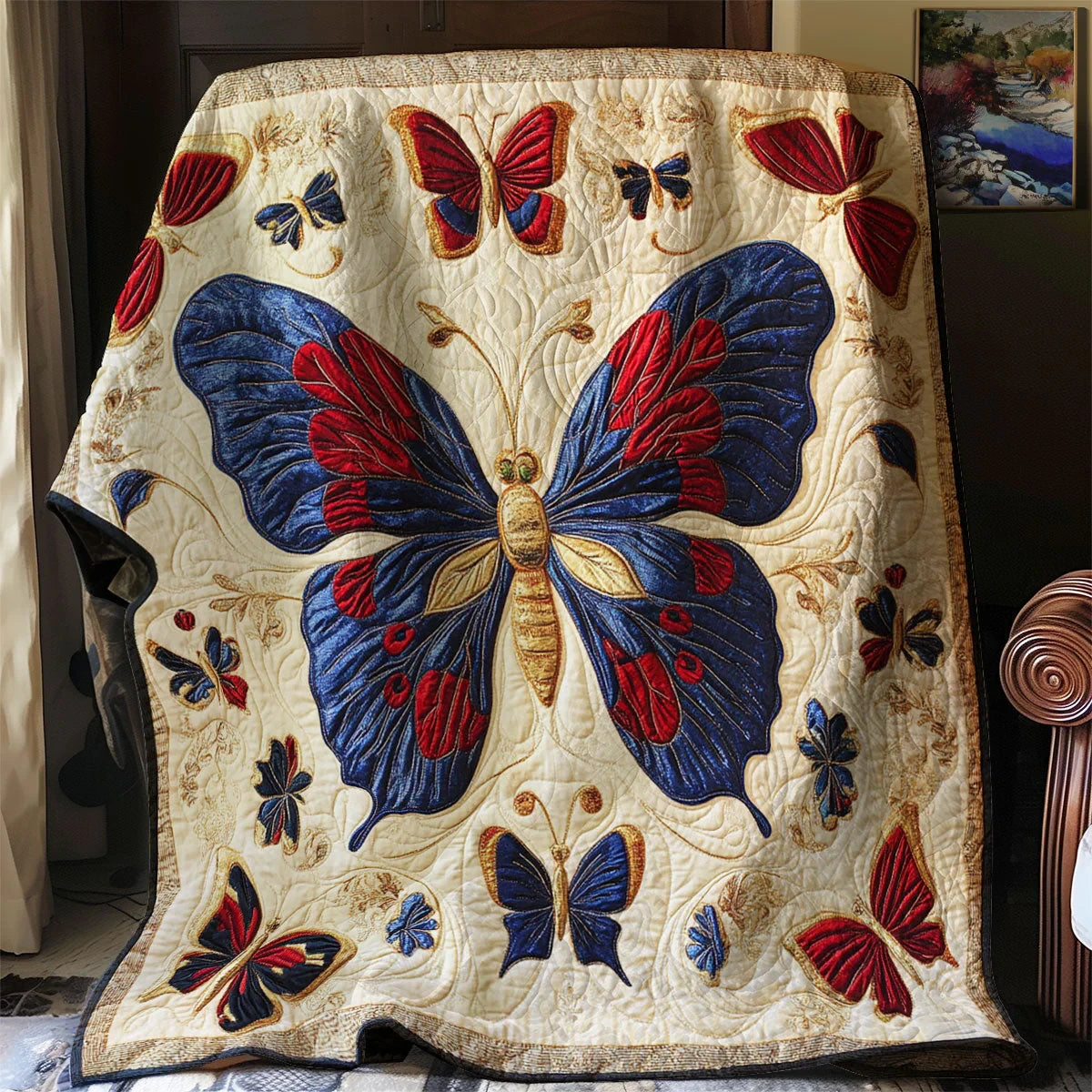 Antique Embroidered Butterfly Quilt Blanket