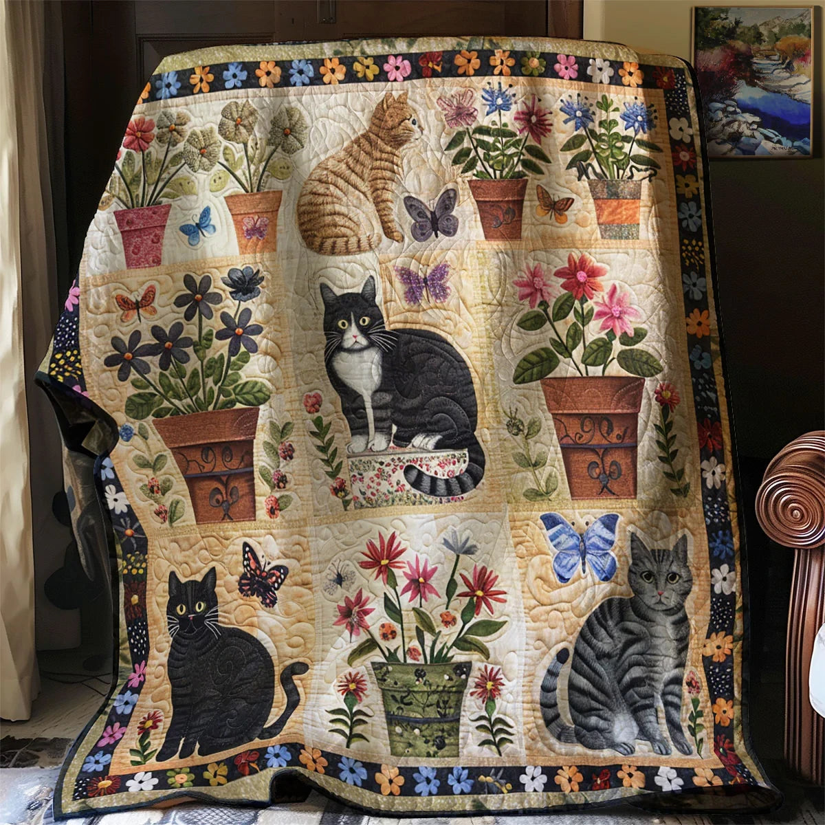 Antique Flower Cat Quilt Blanket