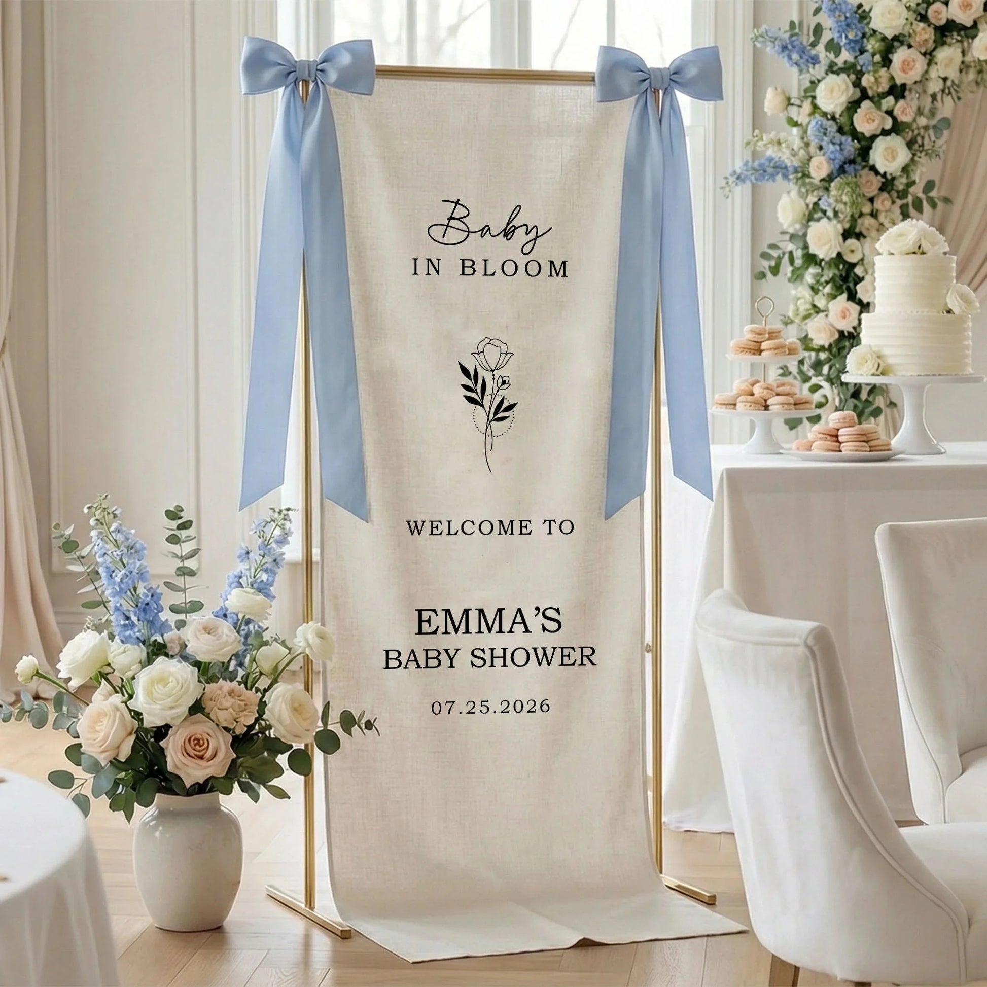 Floral Baby Shower Banner Personalized Custom Name Baby in Bloom Shower Backdrop Decor, baby shower decor (view 3)