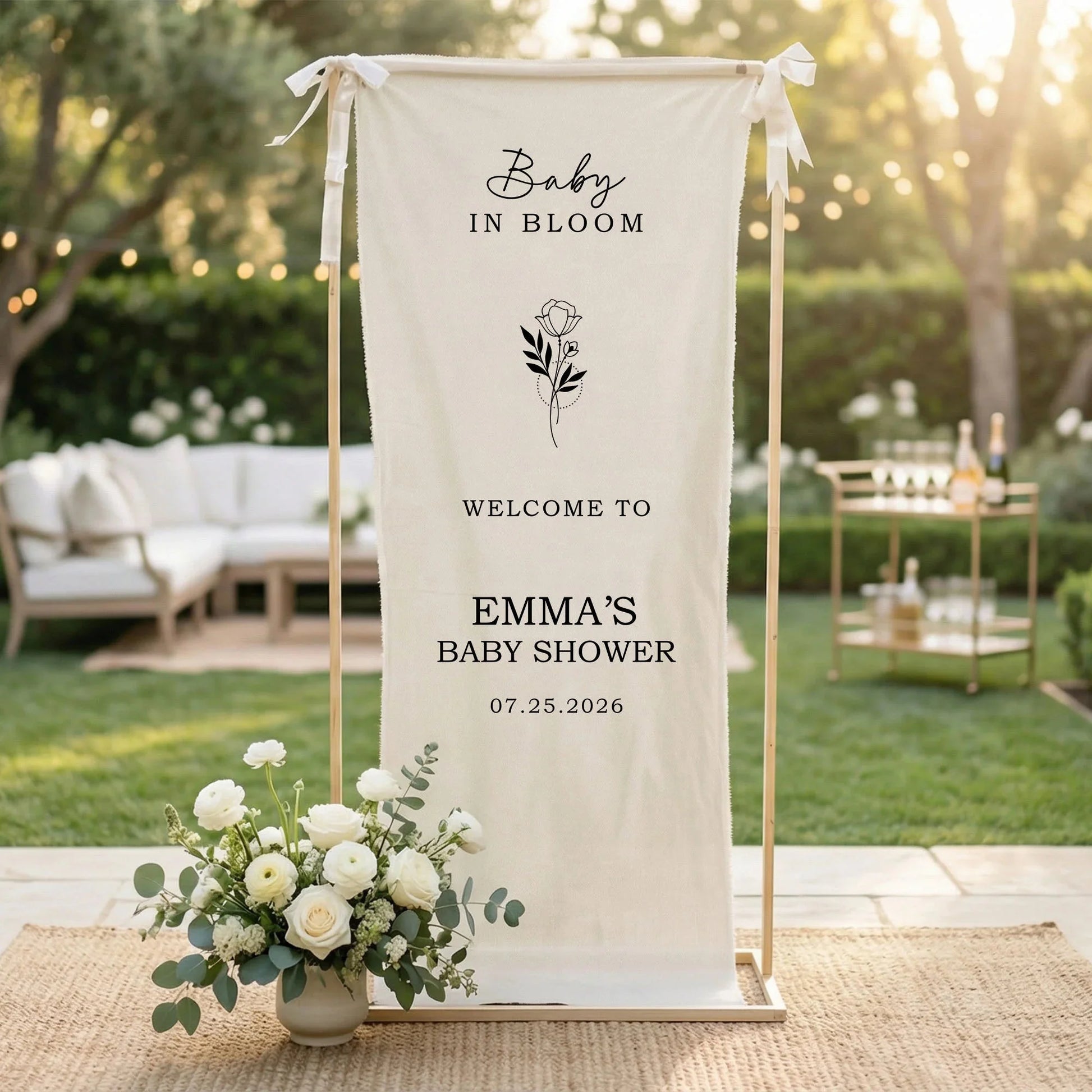Floral Baby Shower Banner Personalized Custom Name Baby in Bloom Shower Backdrop Decor, baby shower decor (view 8)